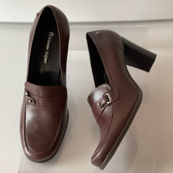 Etienne Aigner Brown Leather Platform Pumps Heels Chunky Block Heels E-Tartan, 8 - Picture 8 of 11